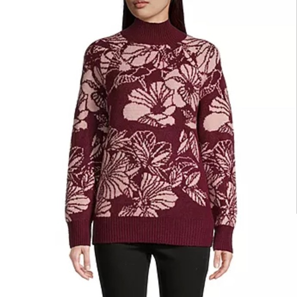 NEW Liz Claiborne Mock Neck Floral Pullover Knit Sweater - Picture 2 of 8